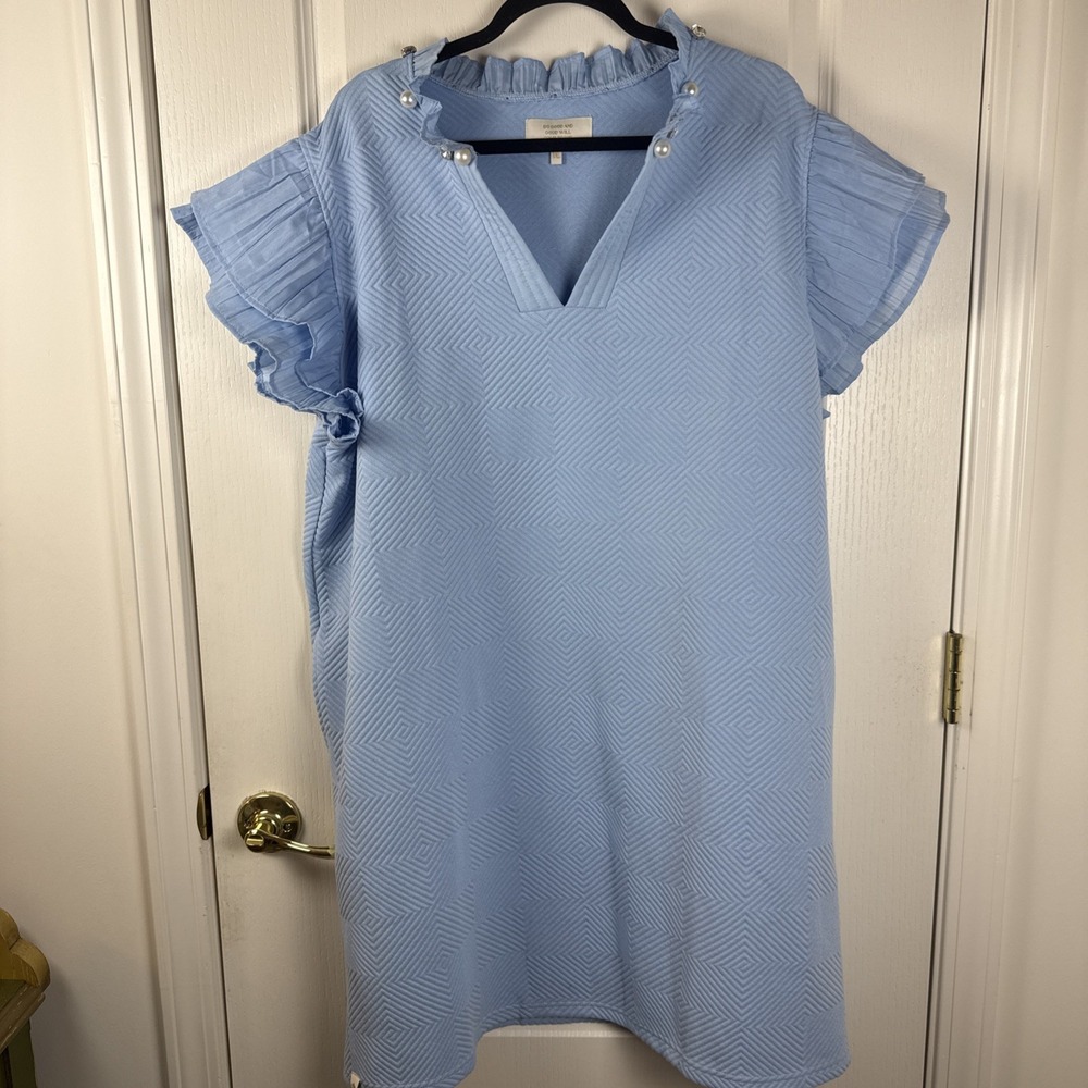 Simply Southern Light Blue Quilted Dress Pearl Button Ruffle Sleeve Sz XXL